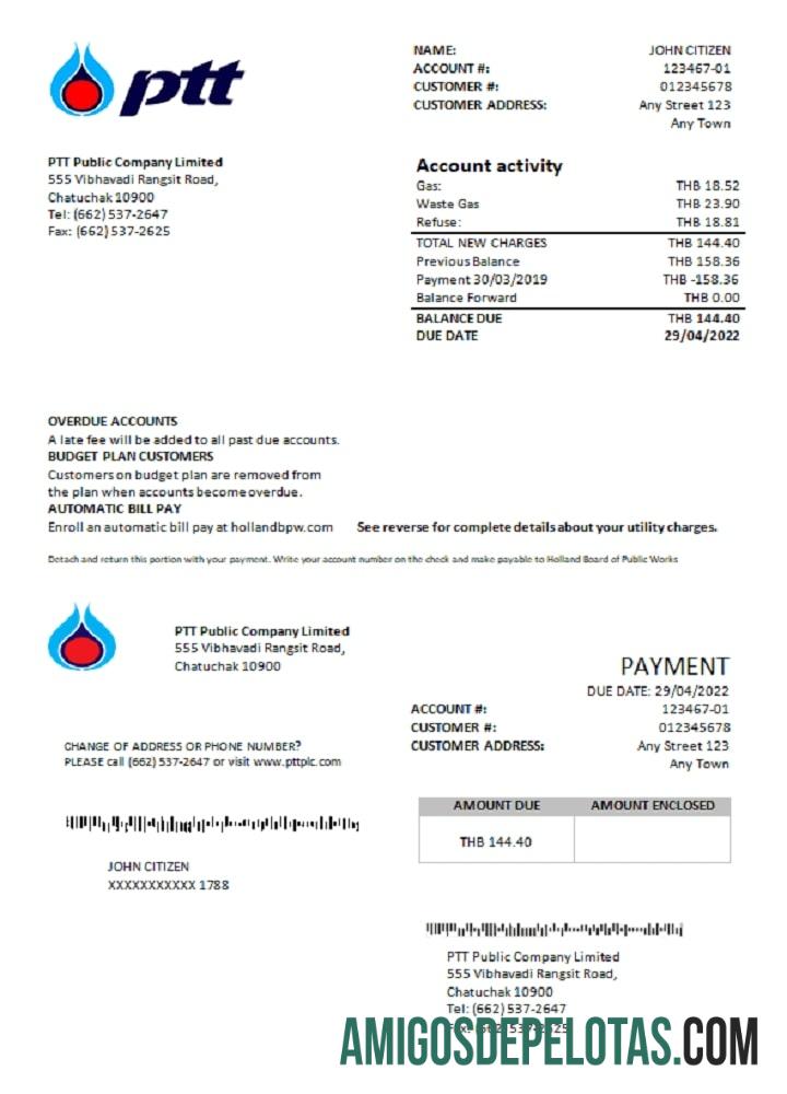 imprimível Modelo de conta de serviços públicos de gás PTT da Tailândia em formato Word e PDF